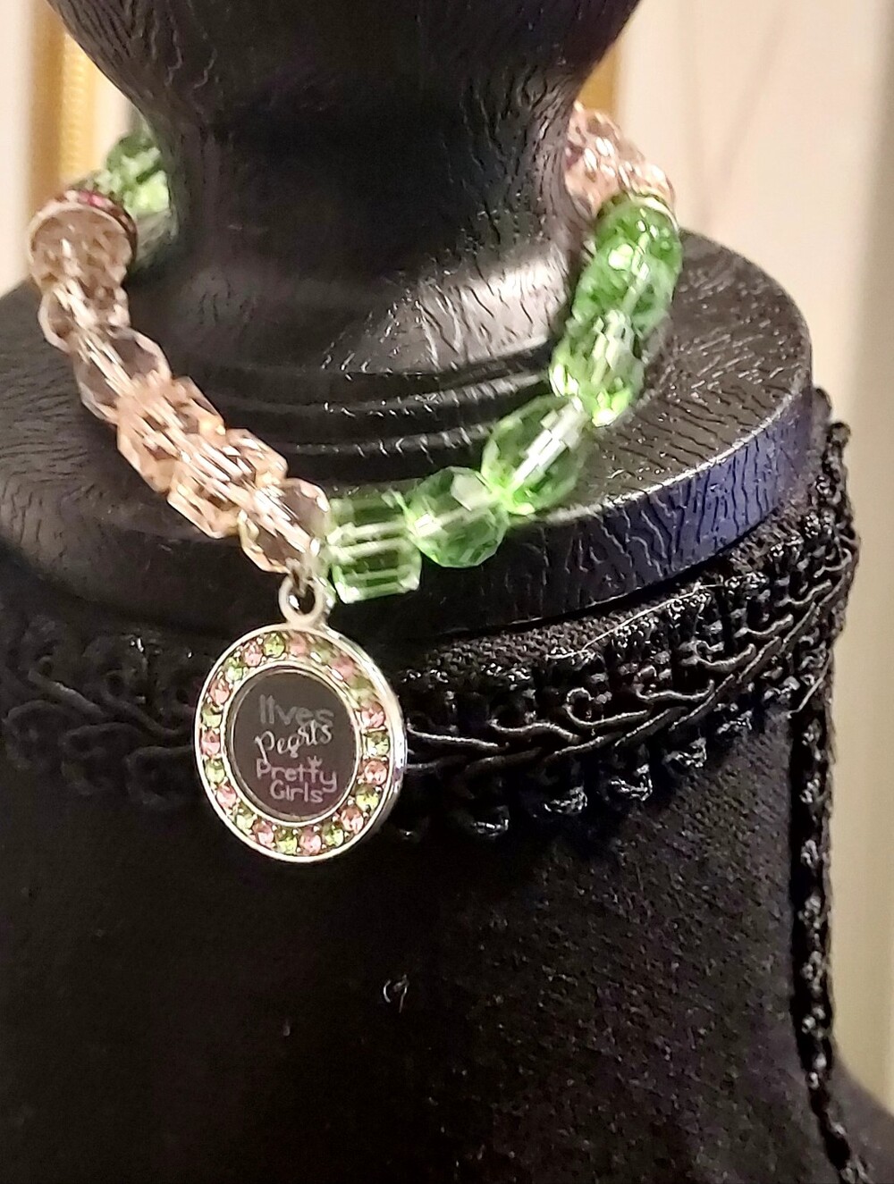 Handmade By Yours Truly. Pretty Girls Green & Pink Beaded Charm Bracelet